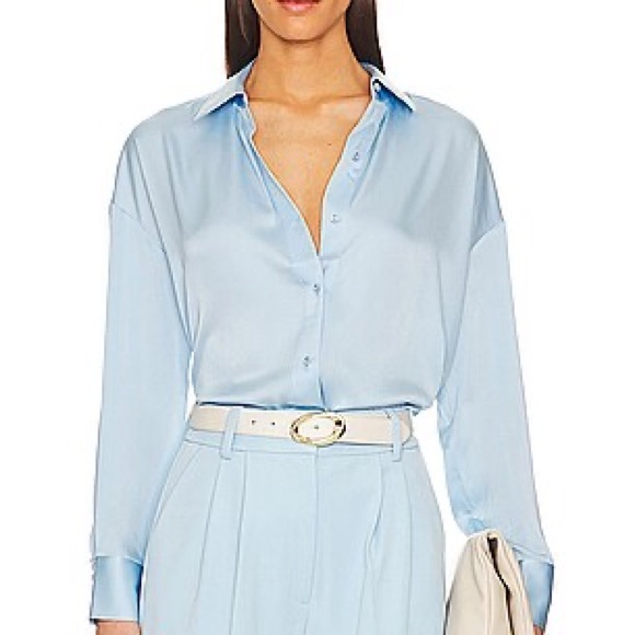 L'Agence Dani Silk Satin 3/4-Sleeve Button-Down Blouse Light Aqua XSmall - Picture 13 of 14